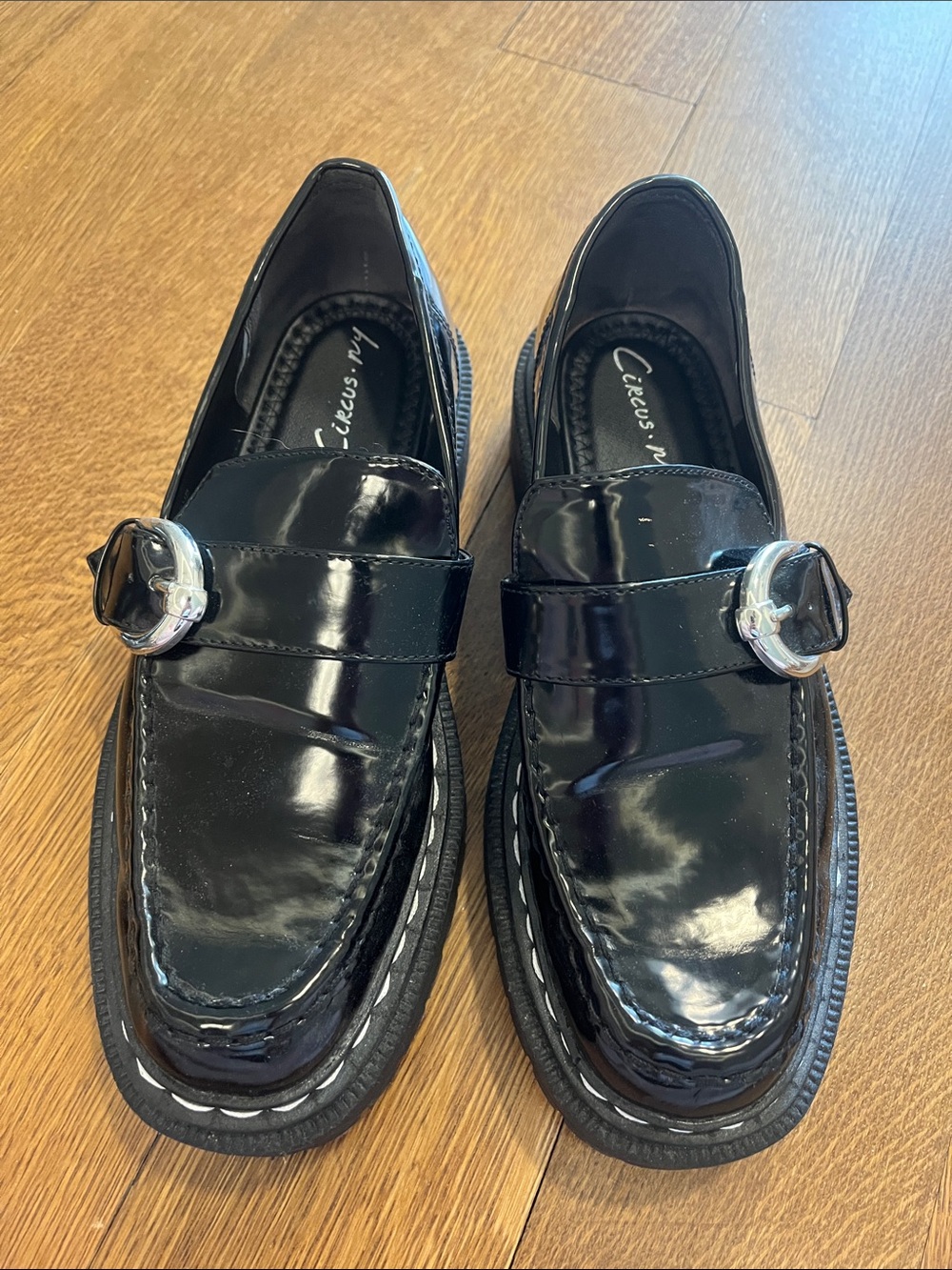 Circus by Sam Edelman Black Patent Loafers with Silver Buckle